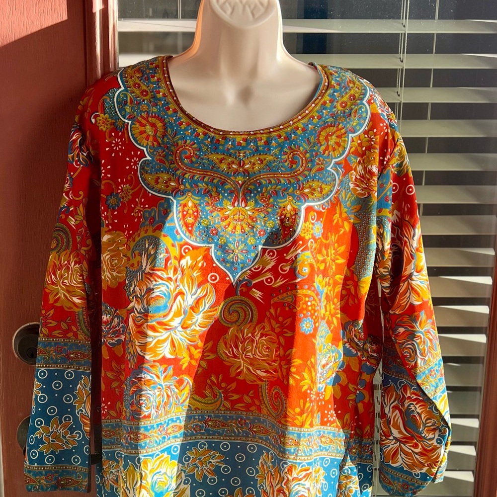 Vibrant Floral Print Long-Sleeve Women's Top - Orange & Blue